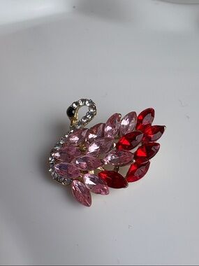 Delicate Tiny Swan Crystal Brooch in Pink and Red